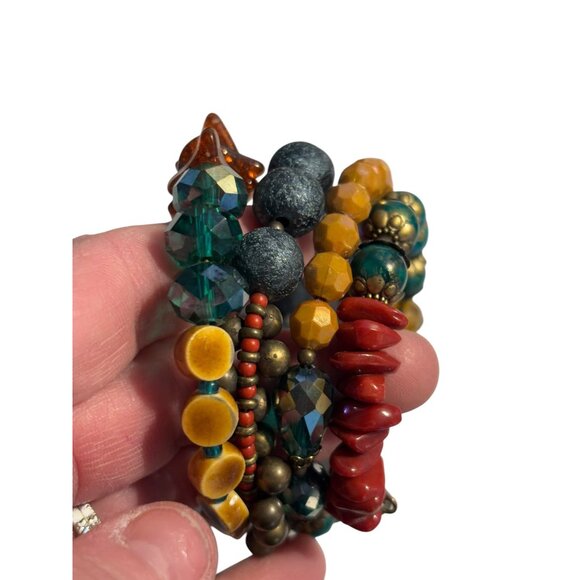 Colorful Multicolor Beaded Elastic Bracelet Set With Turquoise Red Amber & Yello - Picture 4 of 13